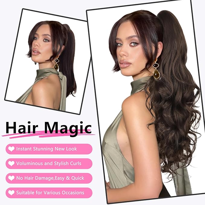 ALXNAN Claw Long Wavy Ponytail Extension,24 Inch Curly Pony Tail Clip in Hair Extensions for Women,Dark Chocolate Brown Clip on Pony Tails Hair Extensions
