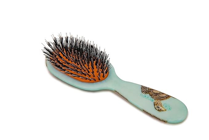 Rock & Ruddle Natural Mixed Boar Bristle Hair Brush for Women and Kids (Small/Travel Size, 17.5cm) - Perfect for Wet or Dry Hair, Detangling Smoothing Blowdrying - Made in UK - Turtles