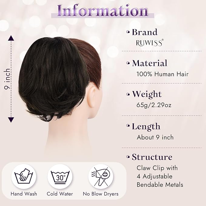 RUWISS Claw Clip Short Human Hair Ponytail Extension with Bendable Metals for DIY Styles, Straight Messy Bun Hair Piece for Women Thick Hairpieces for Daily Wear, 9 Inch Brown Black