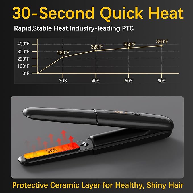 Cordless Hair Straightener Curler 2 in 1 Ceramic Flat Iron Mini Portable Fast Heating 30s 4500mAh Battery 4 Temp Adjustments LCD Display USB Rechargeable for Women Men with Pouch (Black)
