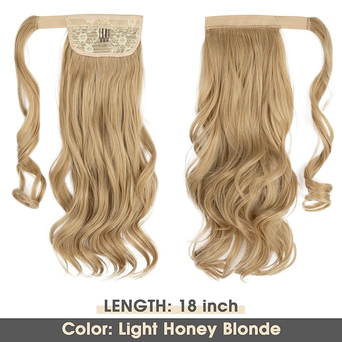 CJL HAIR 18" Long Ponytail Hair Extension Wrap Around Pony Tail Clip in Curly Wavy Synthetic Fake Hairpiece for Women Light Honet Blonde
