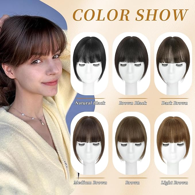 NAYOO Hair Toppers for Women Real Human Hair, 360° Cover Clips in Full Fringe Fake Bangs Hair Pieces for Women Girls Daily Wear(Dark Brown)