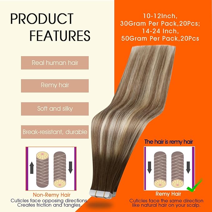 Full Shine Tape in Hair Extensions Human Hair 14Inch Color 3 Darker Brown Ombre 8 Brown Highlights 22 Blonde Remy Tape in Human Hair Extensions Seamless Skin Weft Soft Straight for Women 20Pcs 50Gram