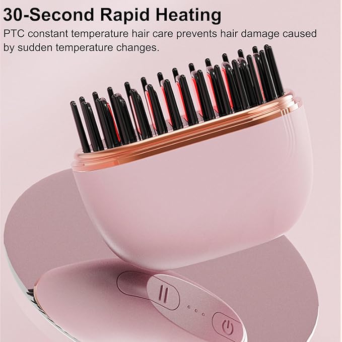 Mini Hair Straightener, Rechargeable Portable Hair Straightener Brush, Fast Heating Hot Comb 3-Speed Temperature Control with Anti Scald Shell for Home Travel