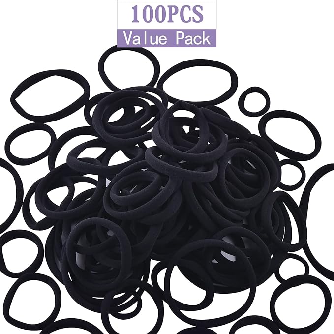 100PCS Various Sizes Black Hair Ties for Women,Elastics Hair Ties No Damage Ponytail Holder for Thick/Thin Hair Accessories,Soft Cotton Cloth Seamless Hair Bands
