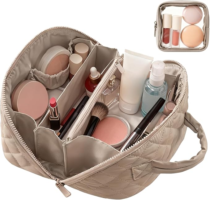 Cosmetic Bag for Travel, Large Capacity Pouch Purse Organizer, Waterproof Puffy Padded Make Up Toiletry Bag for Women (Khaki)