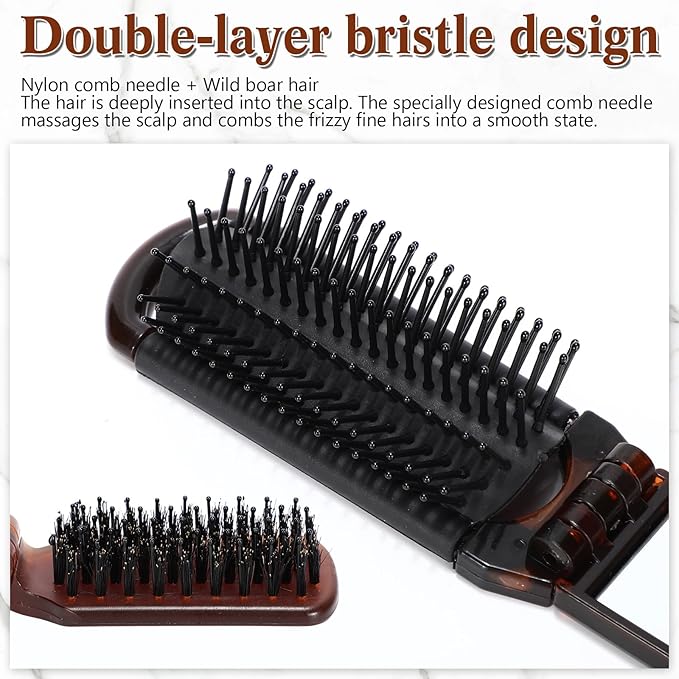 Nuenen 4 Pcs Folding Hair Brush with Mirror Portable Mini Hair Brush Small Compact Pocket Comb for Family Travel Car Gym Wig Bag Purse Gift Women (Tortoiseshell,Mixed Style)