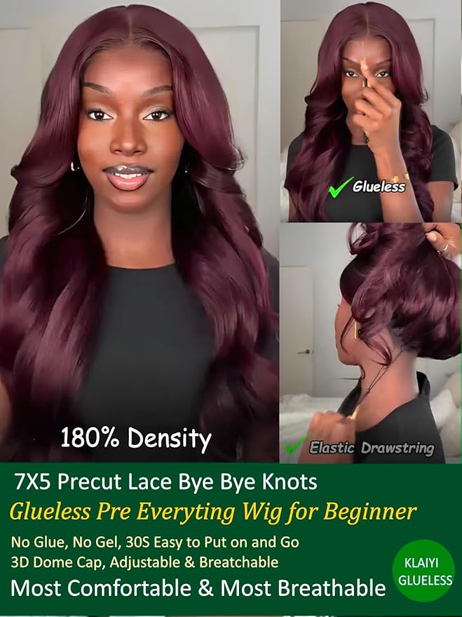 KLAIYI Black Cherry Loose Body Wave Bye Bye Knots Glueless Wig 7x5Precut Lace Front Wigs Human Hair Drawstring Pre Plucked Bleached 30S Ready to Wear and Go Wig with Face Framing Bangs Burgundy 20Inch