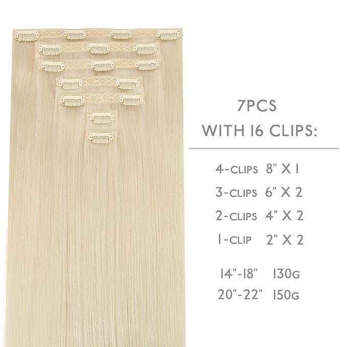 WENNALIFE Lace Seamless Clip in Hair Extensions Human Hair 7pcs Ultra Invisible 50% Thinner Seamless Clip Ins Platinum Blonde Natural Remy Hair 14 inch