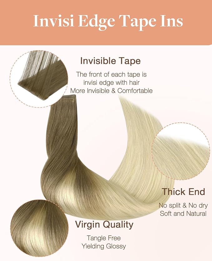 GOO GOO Invisi Edge Tape in Hair Extensions Human Hair, 9/60 Balayage Ash Brown to Platinum Blonde 10pcs injected with 10pcs classical tape ins, 16inch 50g, Virgin Remy Hair, Natural Look