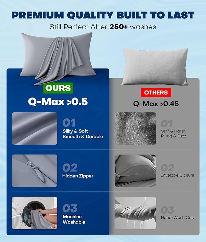 Ultra-Chill Cooling Pillowcase Set of 2 for Hot Sleepers, Softer Than Silk Pillow Cases for Protecting Hair & Skin, Breathable Bed Pillow Covers w/Zipper, Gifts for Women & Men(Light Gray, Queen)