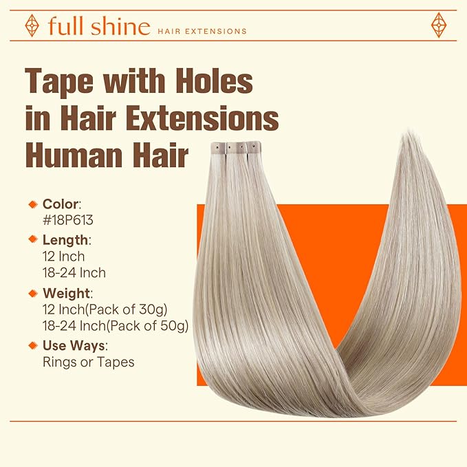 Full Shine Tape in Extensions Human Hair Color Ash Blonde Highlight Blonde 20PCS 50G Tape Extensions Human Hair 20INCH Tape ins Beads Bonded Seamless Remy Hair Extensions Seamless