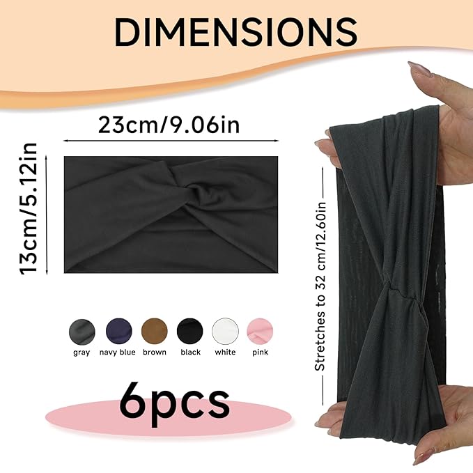 6 Pack Wide Headbands for Women, Elastic Thick Headbands for Women's Hair, Workout Hair Bands for Women Non Slip, Fashion Twist Knotted Turbans, Cute Head Wraps for Yoga Running Gym (Solid Color)