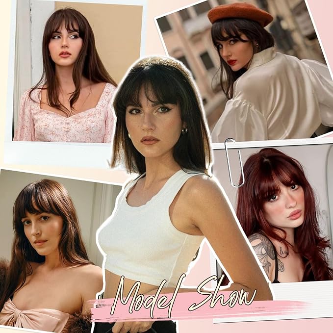 Clip in Bangs, Synthetic French Bangs Hair Clip, Dark Brown Fake Bangs Fringe with Temples Hairpieces for Women Natural Curved Hair Extensions for Daily Wear