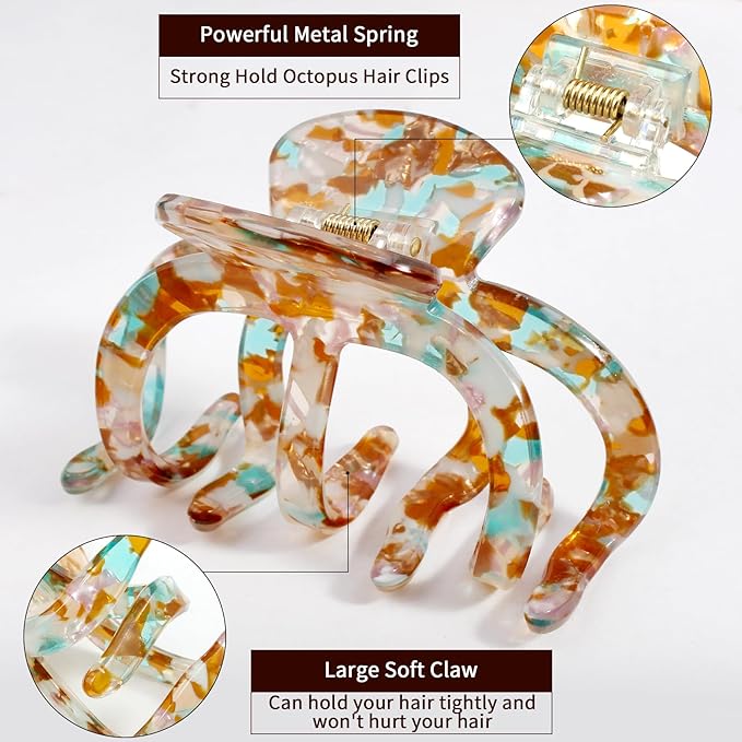 Extra Large Octopus Hair Clips for Women - Octopus Claw Clip for Oversized Thick Hair, Non-Slip Strong Hold Claw Clips - Unbreakable Big Barrettes Jaw Clamps Accessories -3 PCS (multicolor)