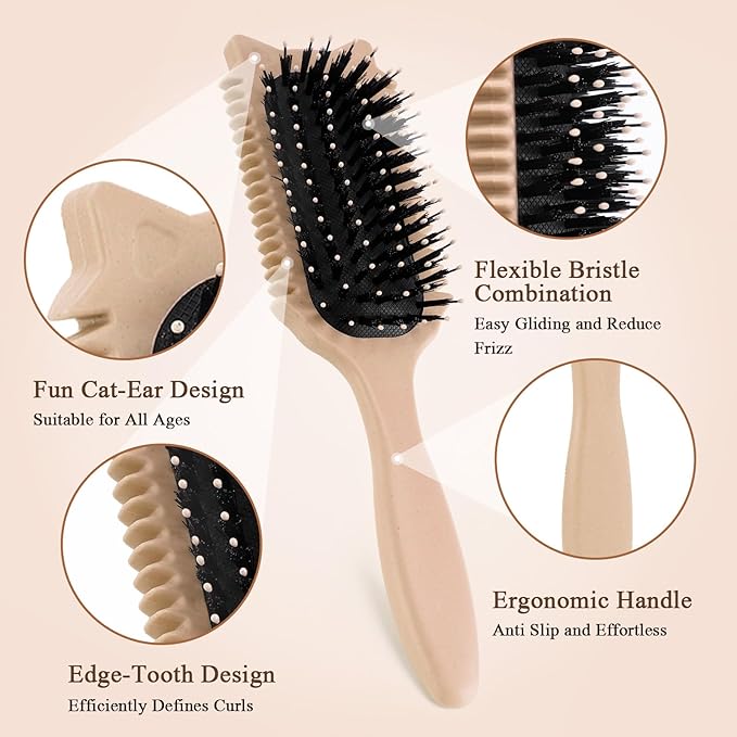 Curly Hair Brush, Curl Defining Brush for Effortless Curly Hair Care, Funny Cat Ear Type Curl Brush Suitable for Wet & Dry Hair,Women and Men,Reduces Frizz (Beige)
