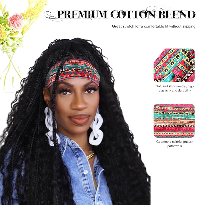 Head Bands for Women's Hair - Non-Slip Wide Yoga Head Wrap, 4 Pack African Print Workout Turban for Natural Hair, Braids, Dreadlocks & Protective Styles