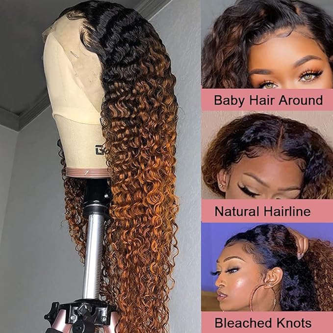Ombre Brown Lace Front Wigs Human Hair Pre Plucked Curly Wave Brazilian Virgin Hair 13X4 HD Transparent Lace Frontal Wigs with Baby Hair 180% Density 24 Inch