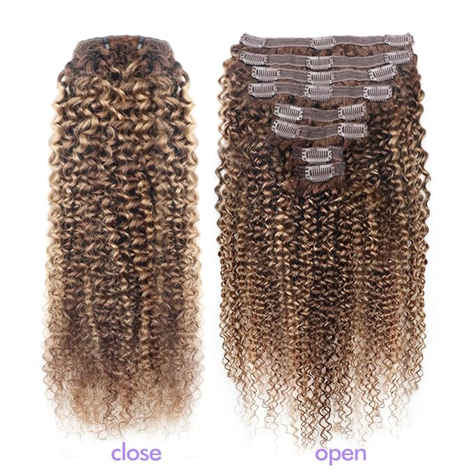 Curly Clip In Hair Extensions Real Human Hair Clip Ins Balayage Chocolate Brown to Caramel Blonde Human Hair Extensions 8Pcs with18clips 120g/Set (14 inch，#4/27/4)