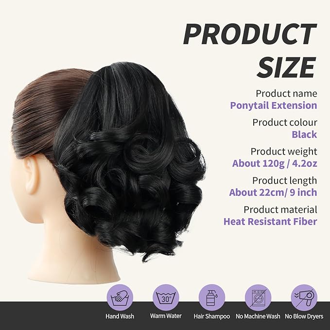Black Ponytail Extension,9" Short Curly Wavy Claw Clip Pony tails Hair Extensions Natural Soft Synthetic Hairpiece for Women