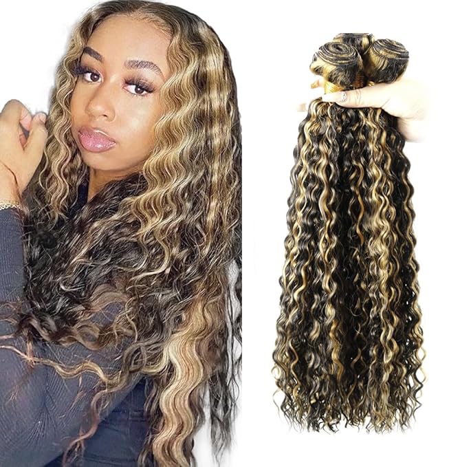 30 32 34 Inch Highlight Bundles Human Hair Blonde Deep Wave Bundle Brazilian Virgin Remy Hair Extensions Niegmeag 2 Tone Black and Honey Blonde Bundle P1B27 Color