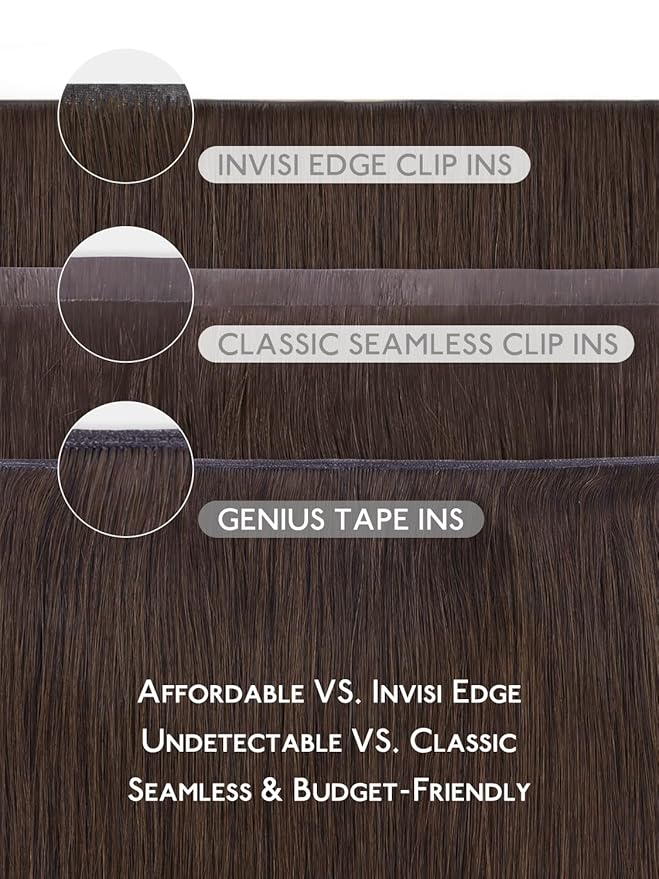 WENNALIFE Genius Seamless Clip in Hair Extensions Real Human 18 inch 120g 7Pcs Chocolate Brown Hair Extensions Clip Ins Luxury Remy De Cabello Humano Straight Invisible Fuller Reusable