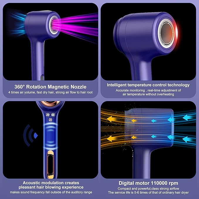 Hair Dryer, Ionic Blow Dryer, 110, 000 RPM Brushless Motor for Fast Drying, Low Noise, Memory Function, Reduce Frizz, Hollow，Professional High Speed Hairdryer with 2 Magnetic Nozzles for Home, Salon