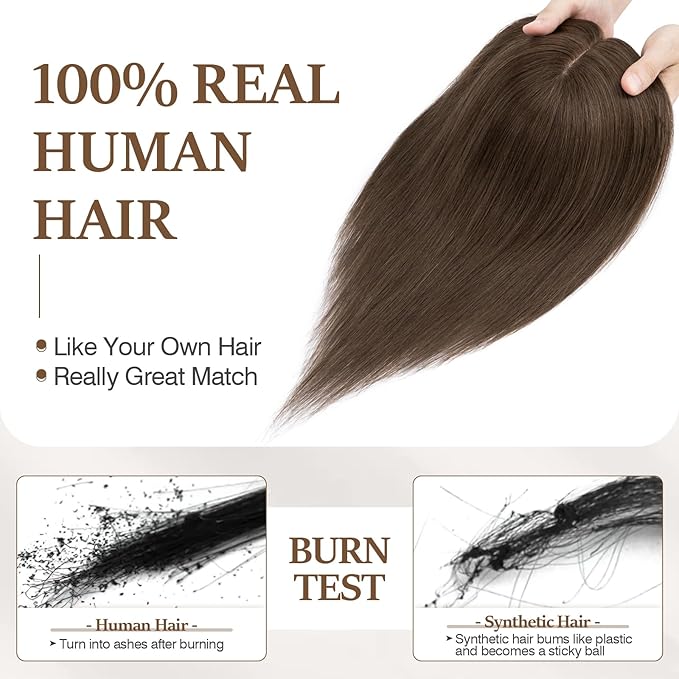 Rich Choices Hair Toppers for Women Real Human Hair 100% Human Remy Toppers NO Bangs for Women with Thinning on Top Clip in Hairpiece 4"x4.7"Lace Base 10 Inch #2R Chocolate Brown
