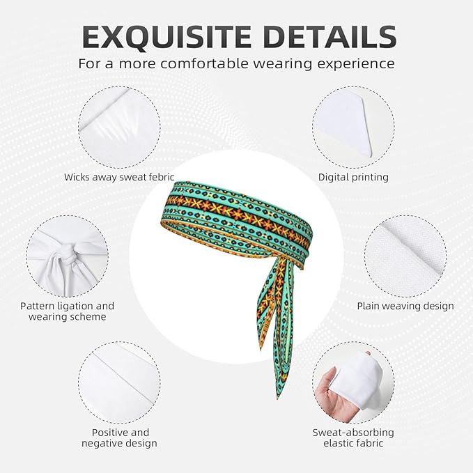 Boys Girls Sports Sweatbands, Boho Style Long Hair Band for Running Travel Spa, Lovely Ethnic Aztec Turquoise Geometric Indiana Western Southwest Pattern Headdress Hair Decor