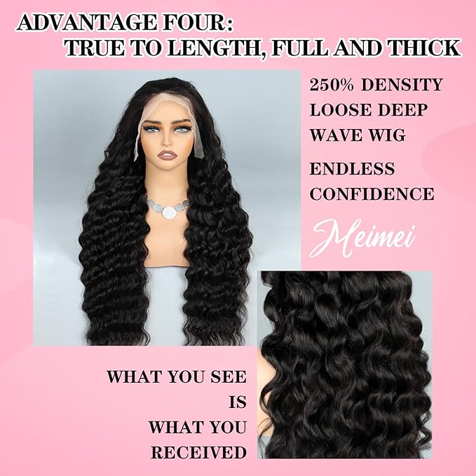 28 Inch 250% Density HD Lace Front Wigs Human Hair Loose Wave 100% Real Human Hair 15A Full 13x4 Large Lace Space Loose Deep Wave Wig Pre Plucked, No Synthetic No Tangle No Shedding Triple Lifespan 3X