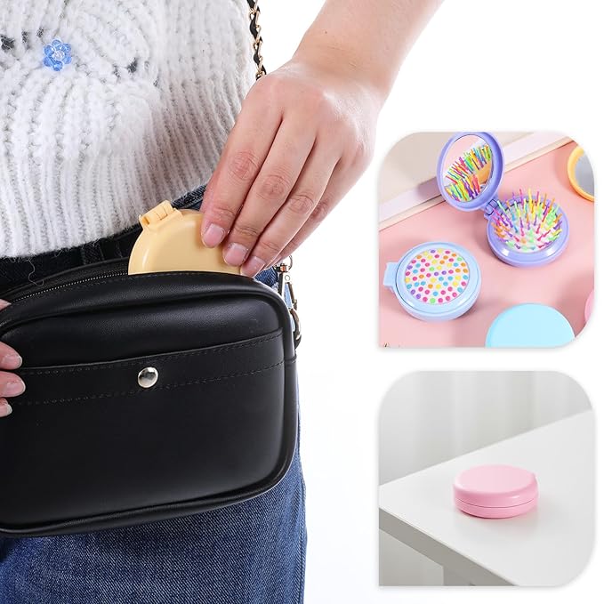 20 Pcs Folding Travel Hair Brushes with Mirror Round Folding Pocket Hair Brush Portable Mini Colourful Pop Up Hairs Brushes for Women Girls Men Makeup Operation Christmas