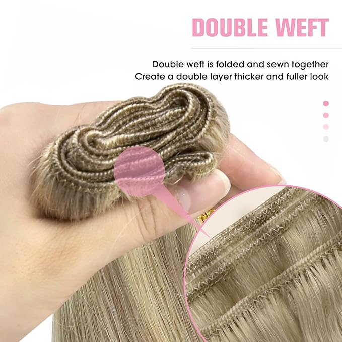 YoungSee Human Hair Sew in Extensions Blonde Highlight Hair Extensions Sew in Dark Ash Blonde Highlighted Light Blonde Weft Hair Extensions Human Hair Highlight Remy Hair 22Inch 100G