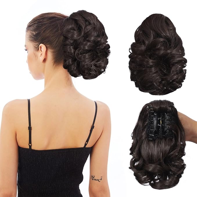 Ponytail Extension, Clip on Ponytails for Women, 9" Claw Clip in Short Curly Wavy Pony Hair Extension for Women - Darkest Brown