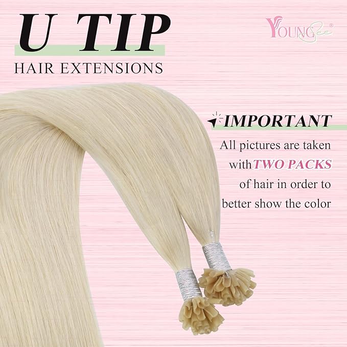 YoungSee Utip Human Hair Extensions Platinum Blonde 24 Inch K Tip Hair Extensions Human Hair White Blonde U Tips Extension Real Hair Long Straight U Tips Hair Extension for Women 50s/50g Hot Fusion