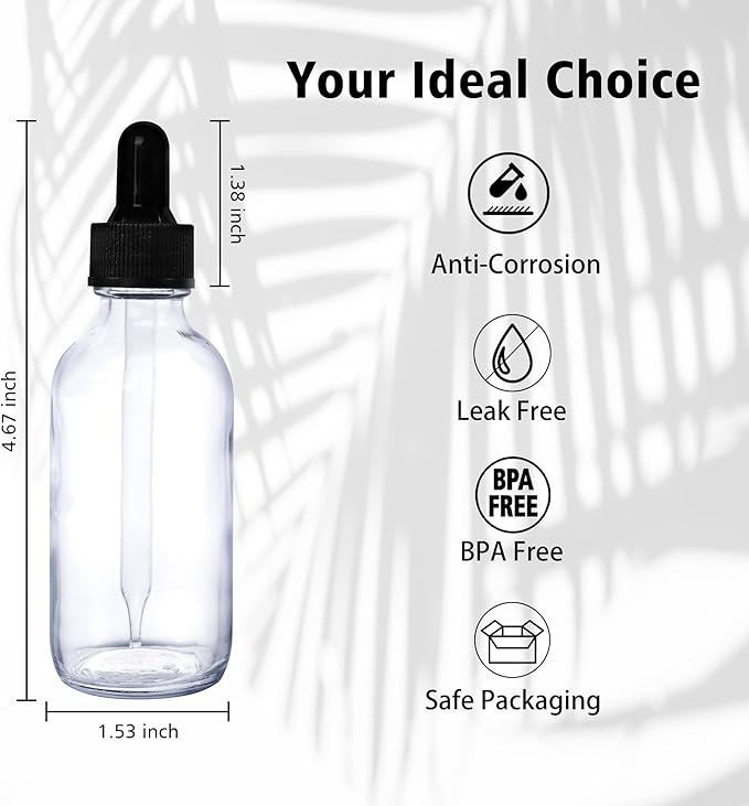 48 Pack 2oz Clear Glass Bottles with Glass Eye Droppers for Essential Oils, Perfumes & Lab Chemicals (Brush, Funnels, 2 Extra Droppers, 54 Pieces Labels & 30ml Measuring Cup Included)