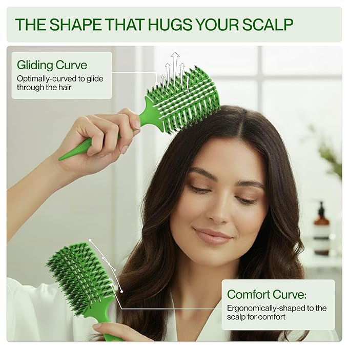 COCCO Aura Vent Boar Brush | Vented Dual-Curved Design for Faster Drying, Effortless Detangling & Shine, Boar + Nylon Bristles, Ergonomic Comfort Handle for Wet & Dry Hair Styling - Green