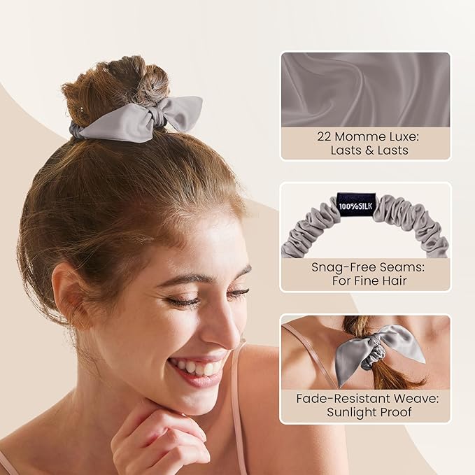 THXSILK 100% Mulberry Silk Bow Scrunchies 3-Pack, 22 Momme Mulberry Silk Hair Ties for Women, Cute Bunny Ear No Damage Ponytail Holders, Fashion Hair Accessories for Girls(S, Grey)