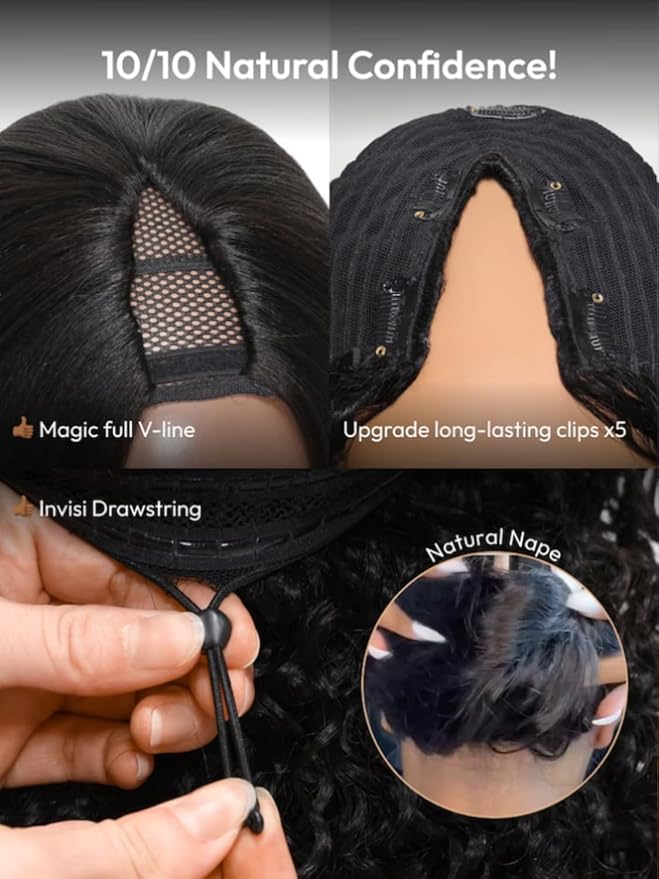 KLAIYI Ombre Brown V Part Wig Body Wave Human Hair Upgrade U Part Wig with Dark Roots Glueless Chestnut Brown Clip in Half Wig No Glue No Leave Out Beginner Wigs for Women Wear and Go Wig 150% 14Inch