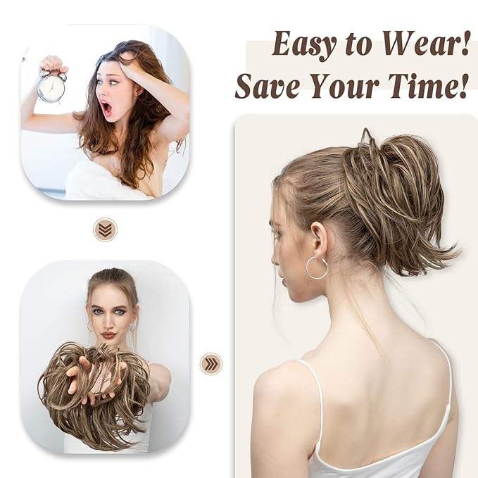 SARLA Messy Hair Bun Hair Pieces Curly Synthetic Updo Fake Scrunchies Ponytail Extension for Women Dark Brown/Golden Blonde 1PCS