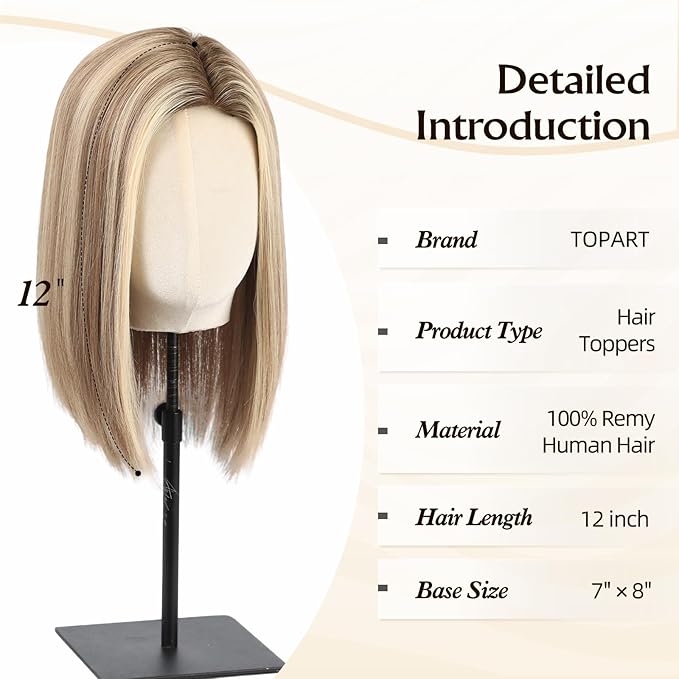 MONO TOP Hair Toppers for Women Human Hair 12 Inch 7"×8" Big Base Partial wig Cover Thinning Hair or Loss No Bangs Top Hair Pieces Natural Wiglets (Gray Blonde with Platinum Highlights)