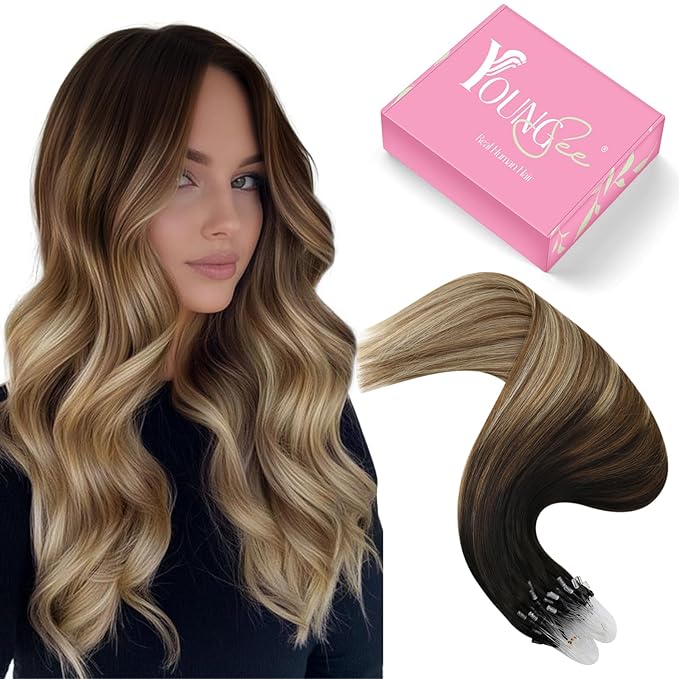YoungSee Micro Loop Hair Extensions Real Human Hair Balayage 16In Micro Bead Hair Extensions Human Hair Dark Brown Ombre Blonde with Browns Beaded Hair Extension Soft and Silky for Prom 50g 50s