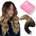 YoungSee Microlink Hair Extensions Balayage Micro Link Hair Extensions Human Hair Dark Brown Ombre Browns with Blonde Microbead Extension Human Hair Long Hair 24In 50g 50s Straight Hair Extension