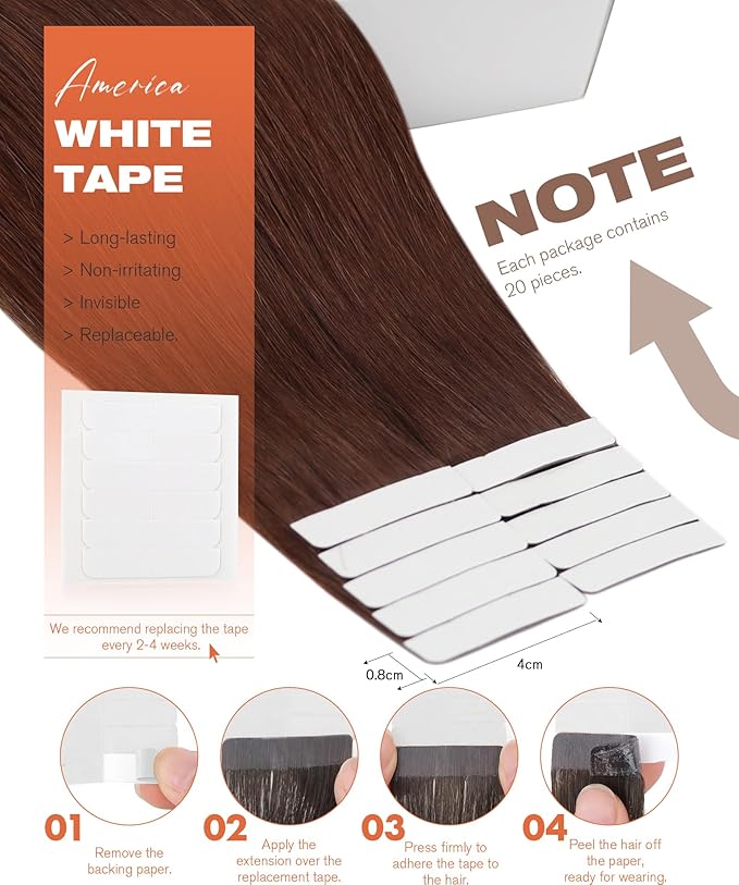 Sunny Hair Tape in Hair Extensions Real Human Hair Invisible Remy Hair Extensions Tape ins for Women Auburn Brown 16 inch 20Pcs 50G