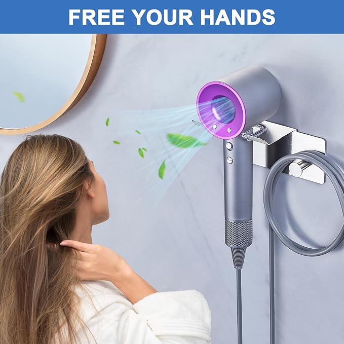 Hair Dryer Holder Wall Mounted, Blow Dryer Holder Adhesive, Metal Hairdryer Holder for Bathroom, Hair Tool Organizer with Plug&Cord for Cabinet Bathroom Bedroom Barber Shops