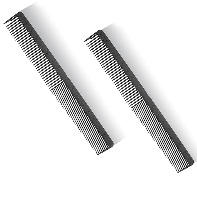PERFEHAIR 2-Pack Professional Round Tooth Hair Cutting Comb - 8.6 Inch, Black Carbon Fiber Anti-Static & Heat Resistant, Durable Barber Combs with Fine & Wide Tooth for Precise Haircut for Men & Women