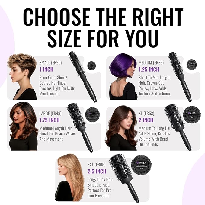 ERGO Ceramic Ionic Round Brush for Blow Out - Salon Quality Hair Brushes for Women - Roller Brush for Blow Drying, Wet and Dry Hair Styling, Volumizing Hair Care - ER33: 1.25"