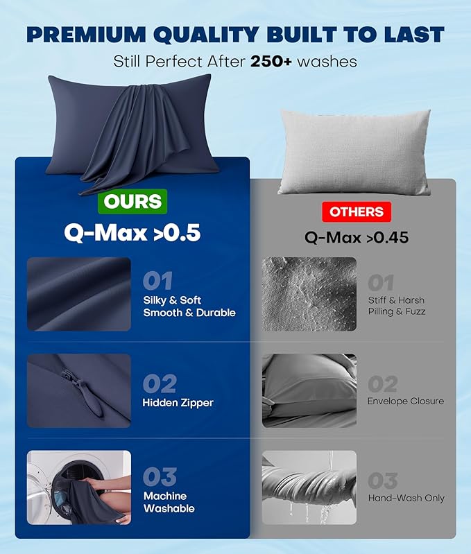 Ultra-Chill Cooling Pillowcase Set of 2 for Hot Sleepers, Softer Than Silk Pillow Cases for Protecting Hair & Skin, Breathable Bed Pillow Covers w/Zipper, Gifts for Women & Men (Navy Blue, Queen)
