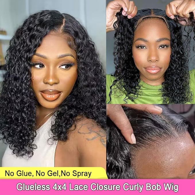 GOLFMAX Glueless Wigs Human Hair Pre Plucked Pre Cut Wear and Go Glueless Wig Curly Short Bob Wig Human Hair Wigs Deep Wave 4x4 Lace Closure Wigs Human Hair 10 Inch