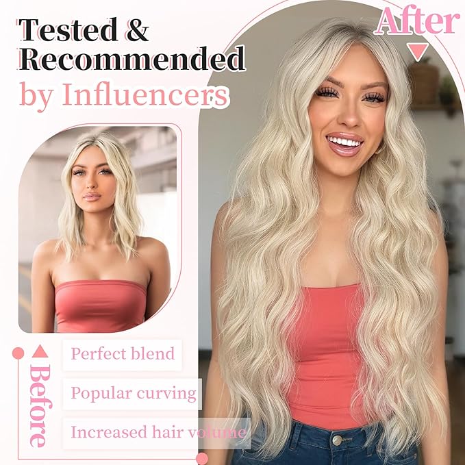 KooKaStyle Clip in Synthetic Hair Extensions Long Wavy 4PCS Thick Hairpieces Platinum Blonde Fiber Double Weft Natural Hair Extensions 20 Inch for Women