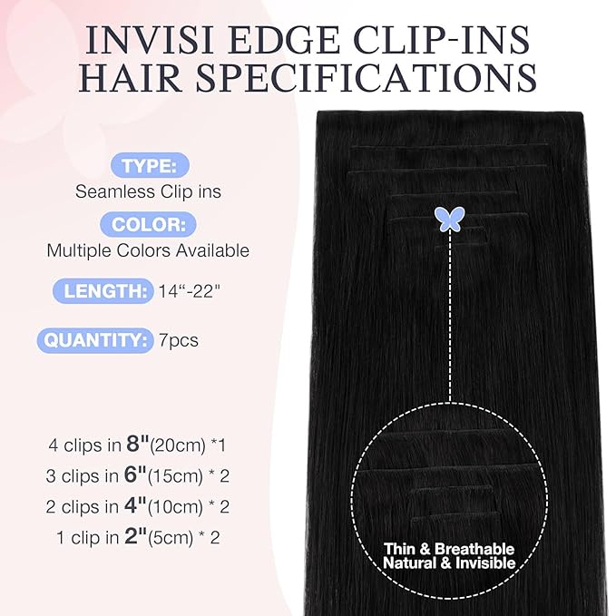 DOORES Hair Extensions Real Human Clip in 14 inch 110g 7pcs Invisi Edge, Seamless Clip in Hair Extensions Invisible Clipins Virgin Injected Skin Weft, 1 Jet Black